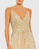 Beige Sequined Sleeveless Wrap Over A Line Gown